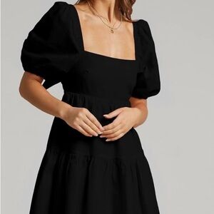 Classic Black Square-Neck Puff Sleeve Tie Back Dress